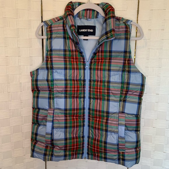 Land’s End Plaid Puffer Vest Holiday colors women’s size small - Picture 1 of 13